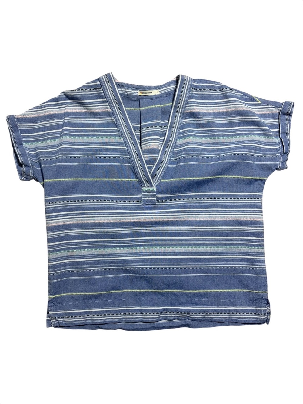 Marine Layer Bali Blue Multi Stripe Cotton Linen V Neck Popover Tunic Top S EUC